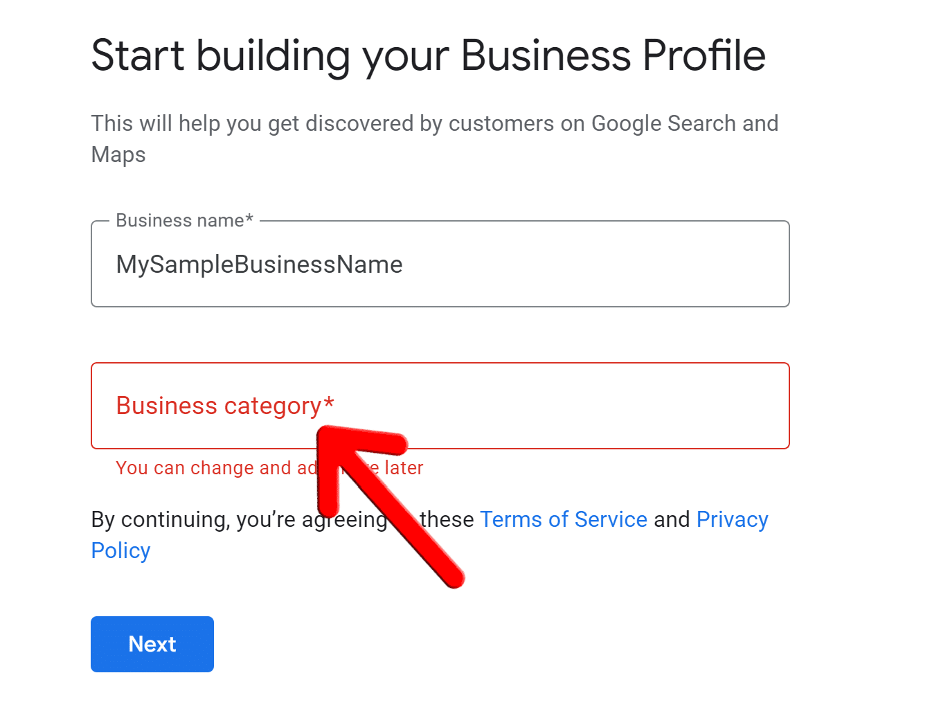 Choose business category in Google My Business